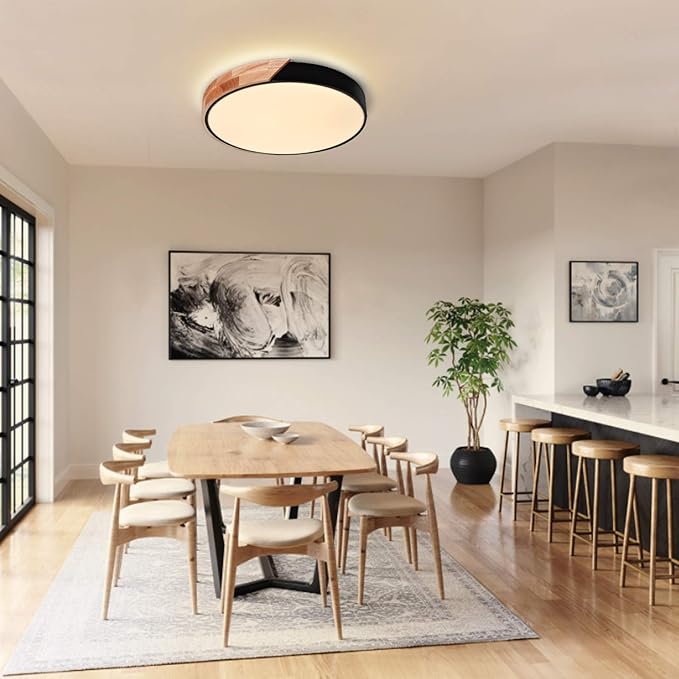 EDISLIVE Ceiling Light Dimmable 19 inch Modern Minimalist LED Round Shaped Wood & Metal & Acrylic Flush Mount Ceiling Light with Remote Control Black