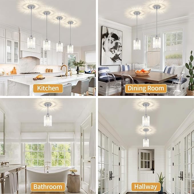 Chrome Crystal Pendant Lights Kitchen Island, Modern Kitchen Pendant Lighting Over Island Dining Room Light Fixtures Adjustable Hanging Pendant Light for Bathroom Hallway Entryway Bedroom Foyer