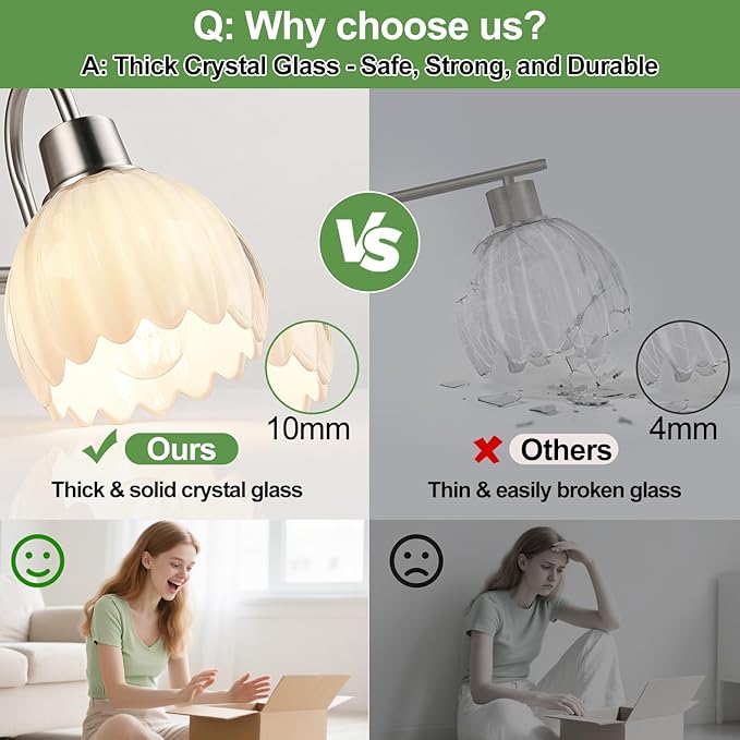 Bathroom Light Fixtures, 3-Light Brushed Nickel Bathroom Vanity Light Over Mirror with White Tulip Glass Shades, Vanity Light Fixture for Bedroom, Living Room & Hallway (Bulbs Not Included)