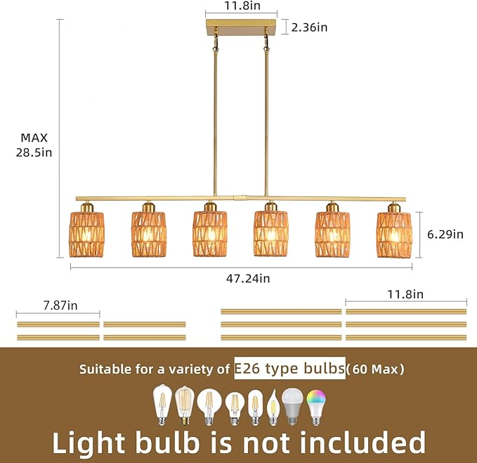 Rattan pendant lights for kitchen island,6-Light Boho Coastal Chandelier Gold,Bohemian Rustic Pendant Light Fixture for Dining Room,Height Adjustable,Farmhouse Woven Hanging Lights Over Table.