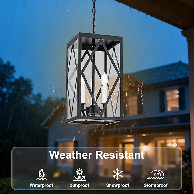3 Lights Outdoor Pendant Light for Porch, Black & White Exterior Hanging Light Fixture with Clear Glass, Industrial Metal Cage Outside Chandelier Pendant for Porch Entryway Front Door Doorway