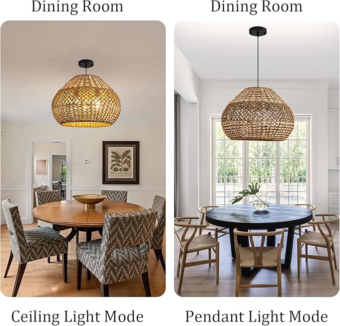 Rattan Pendant Light Fixtures,18.9" Boho Seagrass Pendant Light,3-Light Hand Woven Water Plants Rattan Chandelier for Dining Living Bedroom Kitchen Farmhouse