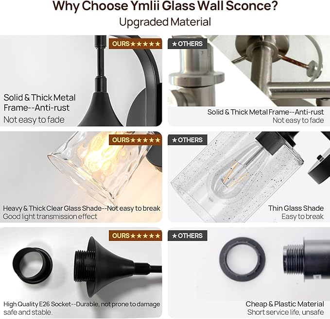 Black Wall Sconce，Modern Bathroom Wall Sconce Lights with Clear Glass Shade, Farmhouse Vanity Light Fixtures for Bedroom Mirror Hallway Entryway