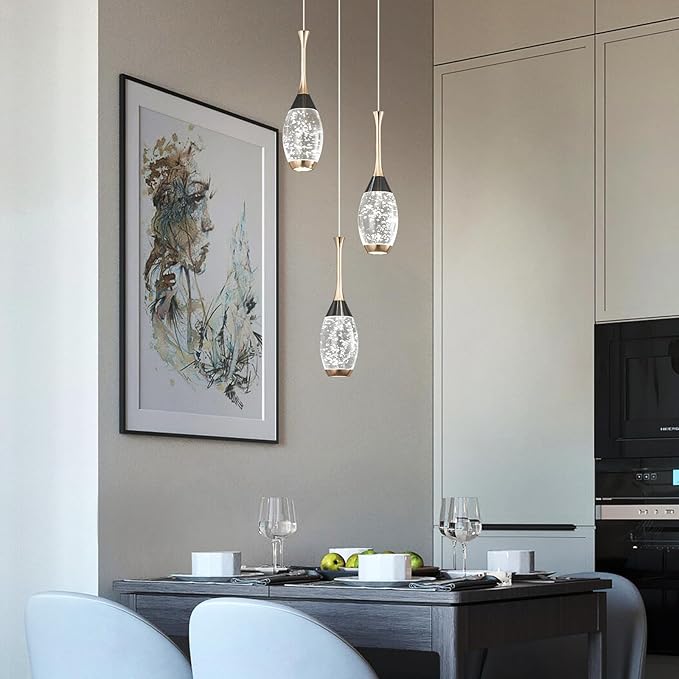 Modern Black Gold Pendant Light Dimmable LED Ceiling Light Fixtures Mini Teardrop Crystal Pendant Lighting for Kitchen Island Bedroom Hallway Entryway (3 Light，Champagne Gold)