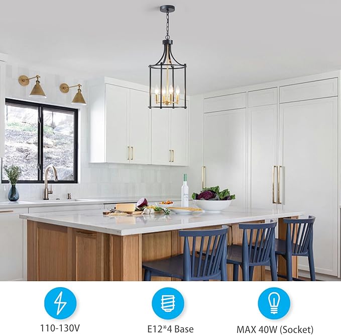 XINGQI Lantern Pendant Light Modern Geometric Hanging Chandelier Black and Gold 4 Lights Adjustable Height Cage Pendant Lighting Fixture for Kitchen Entryway Hallway Foyer