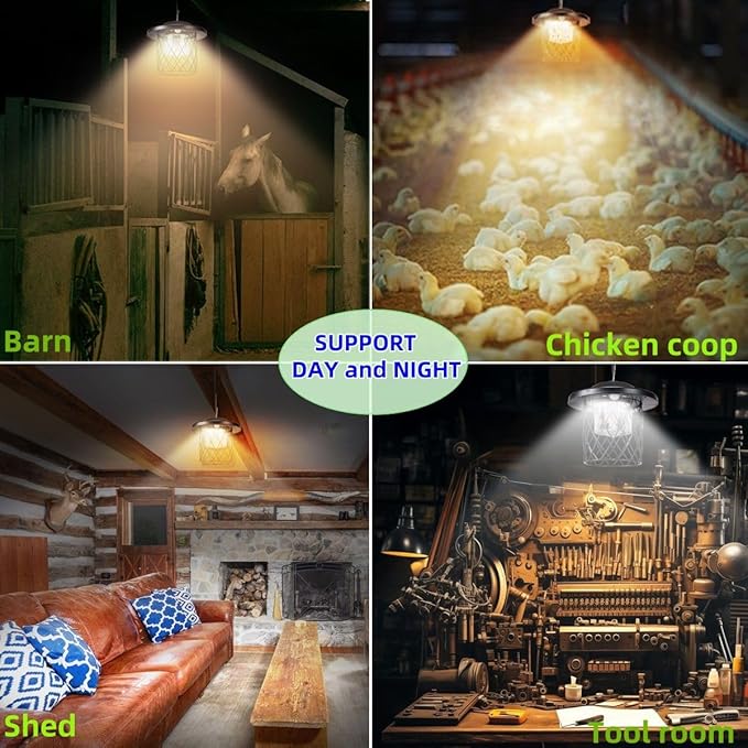 HULPPRE Solar Light Indoor&Outdoor,Shed Lighp Daytime or Night,Classic Metal with E27 Bulb,Cool or Warm White,5 Modes LED Pendant Lamp for Barn,Chicken Coop,Patio,Garden,Yard,Gazebo
