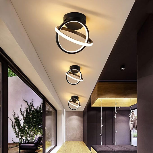 CANEOE Black Led Hallway Light, 3000K Modern LED Ceiling Light Fixtures, Creative Design Round Hallway Light Fixtures for Living Room Bedroom Corridor Aisle Indoor Ceiling Lamp (Warm White)
