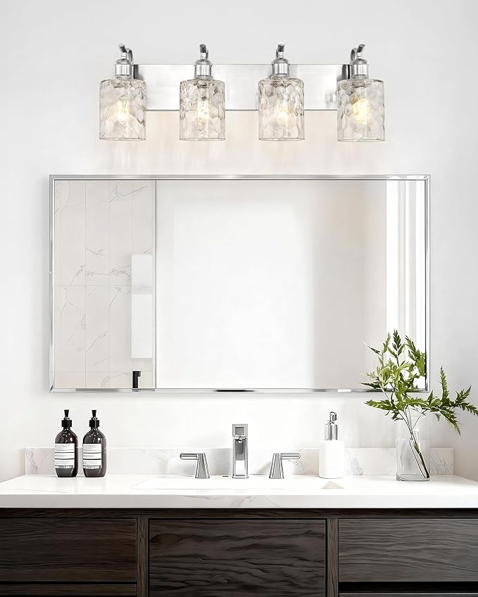 Bathroom Vanity Light Fixtures Over Mirror 4-Light Hammered Glass Wall Mounted Modern Brushed Nickel - VL01BNH-4