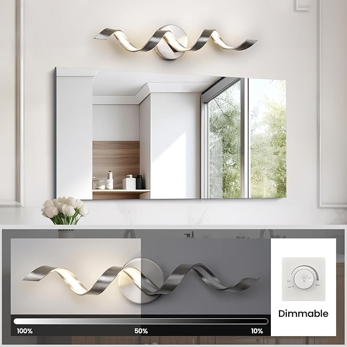 LED Modern Bathroom Vanity Light Fixtures, 24 inch Brushed Nickel Wall Lamp Bedroom 4000K, Spiral Design Wall Sconce for Mirror, Living Room, Bedroom, Hallway 15W