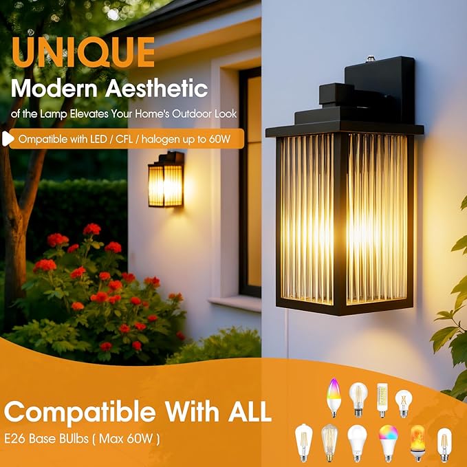 2 Pack of 13 Inch Matte Black Outdoor Wall Lights, Dusk to Dawn Waterproof Exterior Light Fixtures for Porch, Symmetrical Front Door & Garage Entry