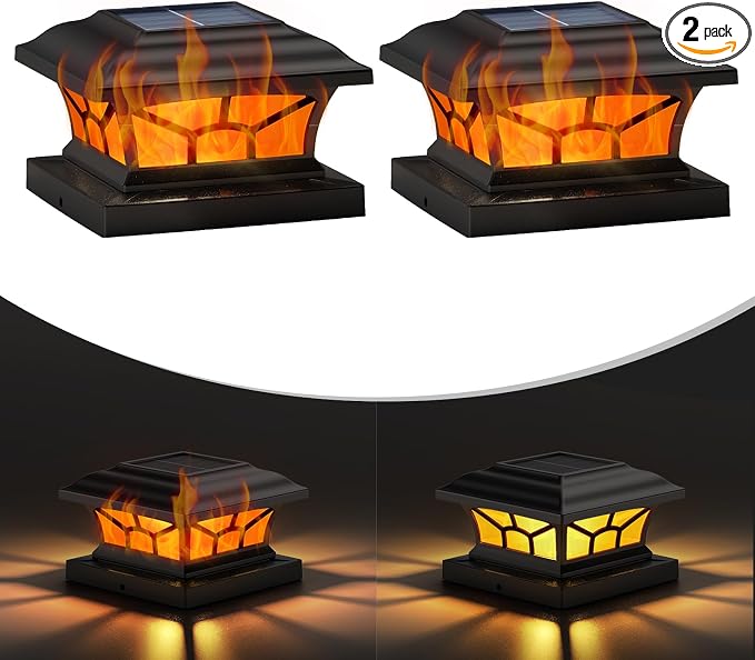 2 Pack Solar Post Cap Lights Outdoor Flickering Flame & Warm White, Fits 4x4 5x5 6x6 Wooden or Vinyl Posts, Waterproof Solar Fence Deck Lights for Yard Garden Patio Decoration.