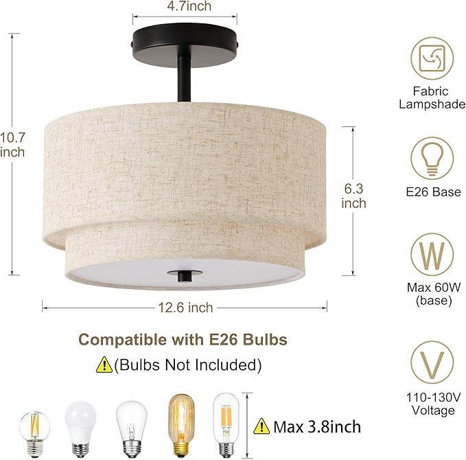 12.6" Flush Mount Ceiling Light Fixture, Black 3-Light Modern Ceiling Light with Fabric Shade in Double Drum-Shape for Bedroom Nursery Living Room Kitchen Island(2-Tier Black)