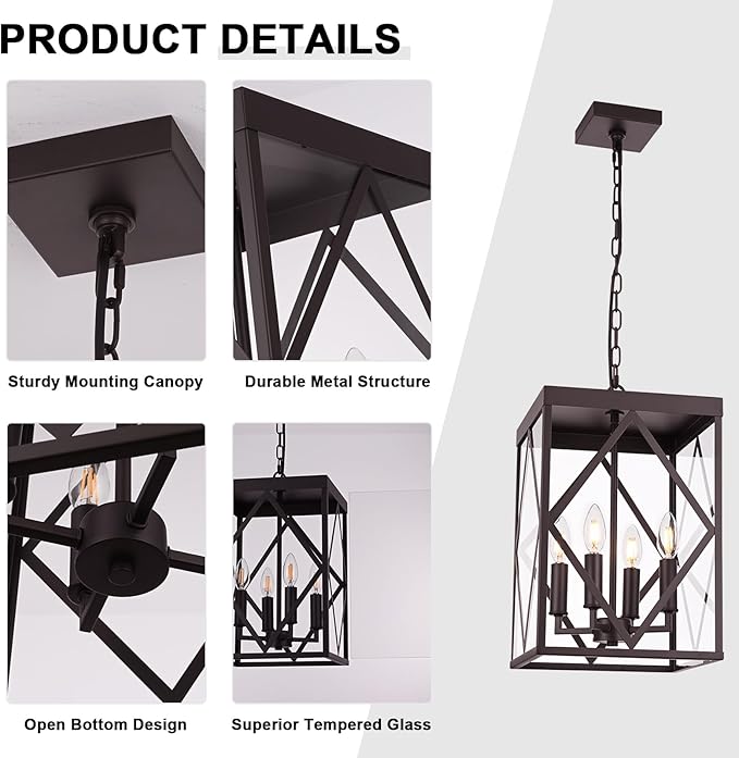 15.7'' Outdoor Pendant Lighting Fixtures 4-Light Outdoor Chandelier Oil Rubbed Bronze Exterior Hanging Porch Light Fixtures w/Glass Shade Outside Pendant Lantern for Front Porch Balcony Foyer