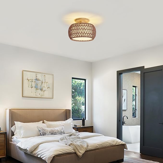 Boho Rattan Ceiling Light Fixture - 3 Style Options Wicker Semi Flush Mount Ceiling Lights,Brown Coastal Light Fixtures,Bohemian Woven Basket Chandelier for Hallway Bedroom Nursery Kitchen Laundry