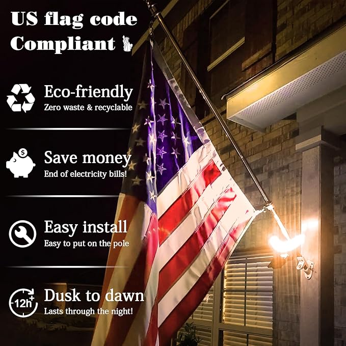 Solar Flag Pole Light, Flagpole Light Solar Powered - 3000K Warm, Super Bright PC Crystal LED Spotlights, Upgraded 2200mAh 145Lm, Adjustable Bracket & Metal Clamp Fits 1-1.5" Flagpole, 8-12 Hrs, Black