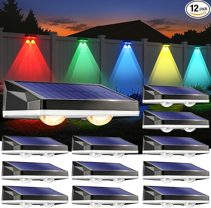 Solar Fence Lights with 13-Mode RGB, Solar Power Garden Lights Waterproof IP65, 20 Hours of Runtime, Solar Outdoor Lights for Yard, Deck, Patio, Wall, Post(12PCS)