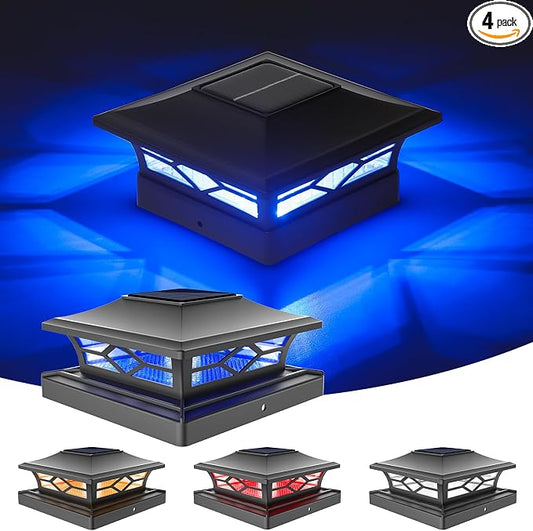 VOLISUN Solar Post Cap Light Outdoor Waterproof: RGB Color Changing - Solar Fence Cap Flashing Lights 4Pack Black for 4x4 5x5 6x6 Wooden Vinyl Post