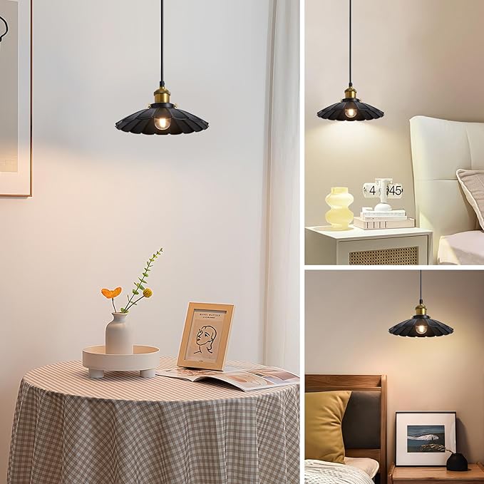 Plug in Hanging Light, Vintage Black 9.8 Inch Lampshade 14Ft Plug in Pendant Light for Dining Room and Living Room, Kitchen Island Retro On/Off Switch Hanging Lamp Fixtures