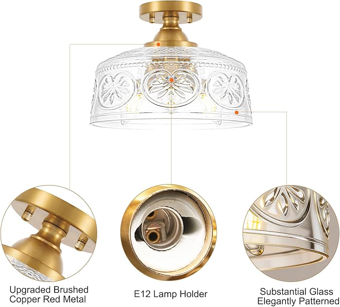 Vintage Gold Semi Flush Mount Ceiling Light Fixture, 3-Light Hallway Light Fixture with Thickened Glass, Close to Ceiling Light for Kitchen, Entryway, Foyer, E12