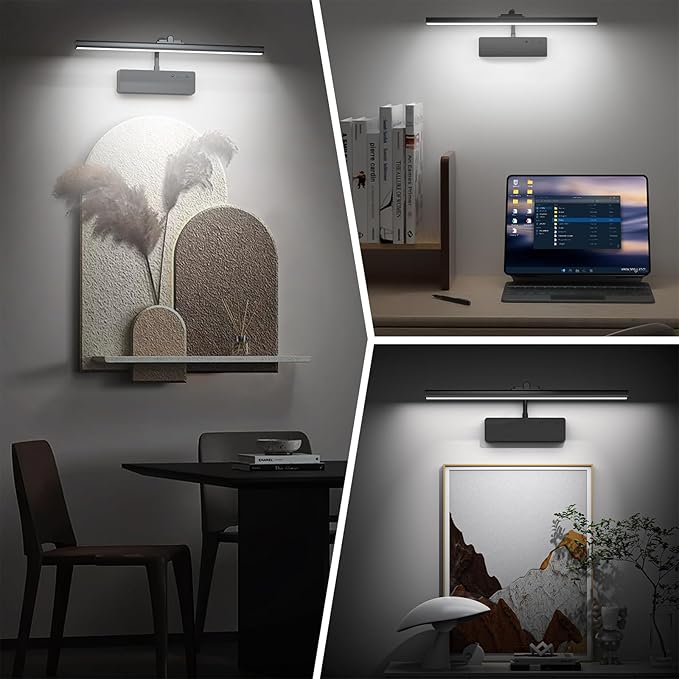 Picture Light, 15.35inch Wireless Picture Lights for Wall Rechargeable, 5400mAh Battery Wall Light with Remote, 3 Color Art Lighting for Paintings with Timer and Dimmable for Display, Gallery (Black)