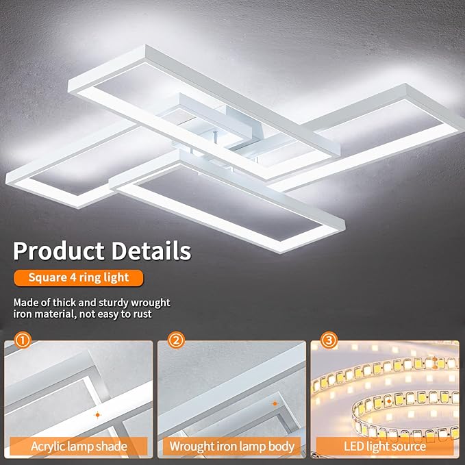 Shine LUEST Modern LED Ceiling Light Fixture White Flush Mount Ceiling Light Dimmable 26" Bedroom Lights for Ceiling with Remote Control 48W Kitchen Ceiling Light Fixtures for Hallway 3000K-6000K