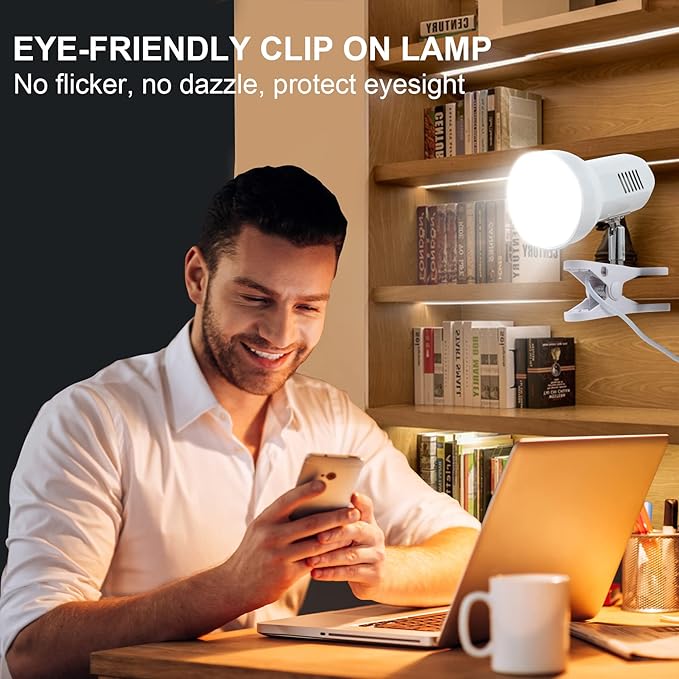 RONG&LAN LED Metal Clip On Light Clip on Lamp for Desk, 360° Adjustable Clamp Reading Light for Bed, Eye-Friendly Book Night Light for Desk Bed Table Dorm Room Bedroom Office Reading SUN-86 White