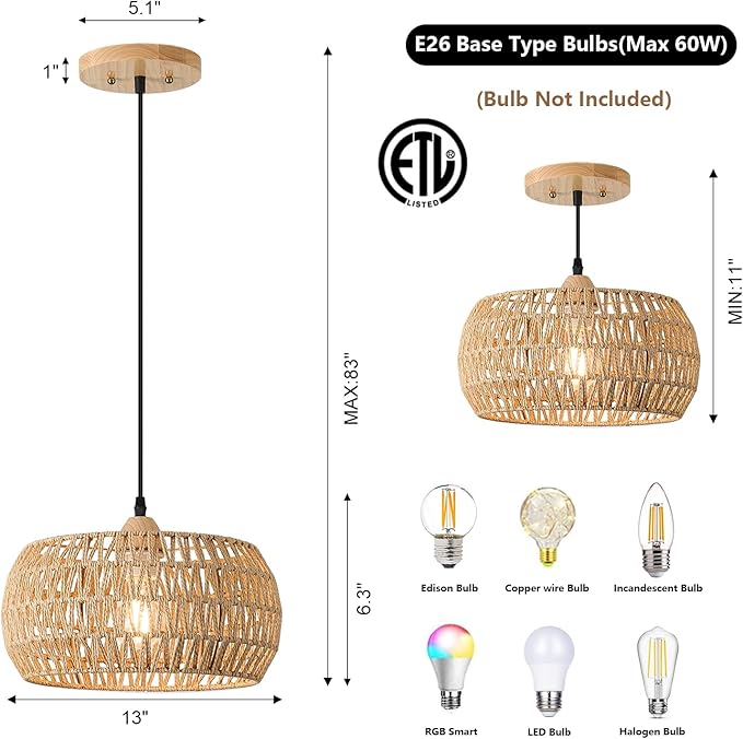 13 Inch Rattan Pendant Lights Farmhouse Boho Chandelier Light Fixture Rustic Wicker Hand Woven Pendant Hanging Light for Dining Room Kitchen Bedroom Foyer Hallway