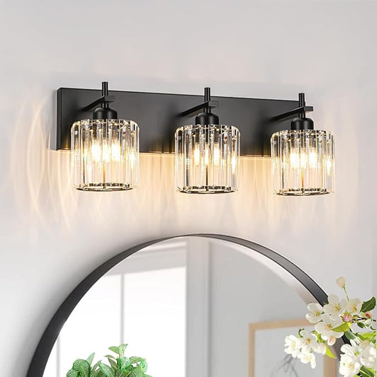 Black Crystal Bathroom Vanity Lights, Modern 3-Lights Bathroom Lighting Fixtures Over Mirror, Crystal Wall Lighting with Round Shade