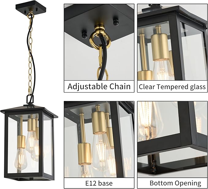 Large Outdoor Light Fixture,Pendant Light with Clear Glass Shade,3-Light Black&Gold Exterior Hanging Lantern for Front Porch Entrance Foyer Entryway (Bulb Not Included)