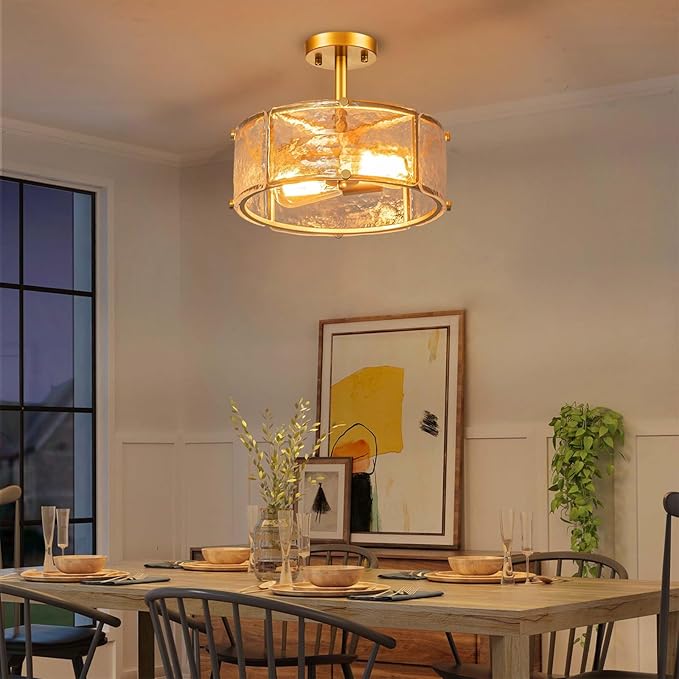 12.8" Modern Gold Semi Flush Mount Ceiling Light Fixture, 2-Light Glass Drum Ceiling Light, Small Hammered Glass Ceiling Lights for Dining Room Foyer Kitchen Hallway Entryway