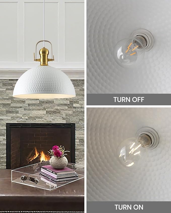 15.7 Inch White Pendant Light 2 Pack, Hammered Industrial Pendant Lights Adjustable Height, Farmhouse Dome Hanging Light for Dining Room Bedroom Foyer Barn
