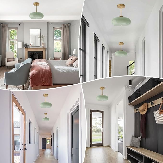 Milk Ceiling Light mid Century Modern Ceiling Light fixtures with Milk Green Glass Shade Gold Semi Flush Mount Ceiling Light, Vintage Glass Ceiling Lamp Hallway Dining Room Kitchen