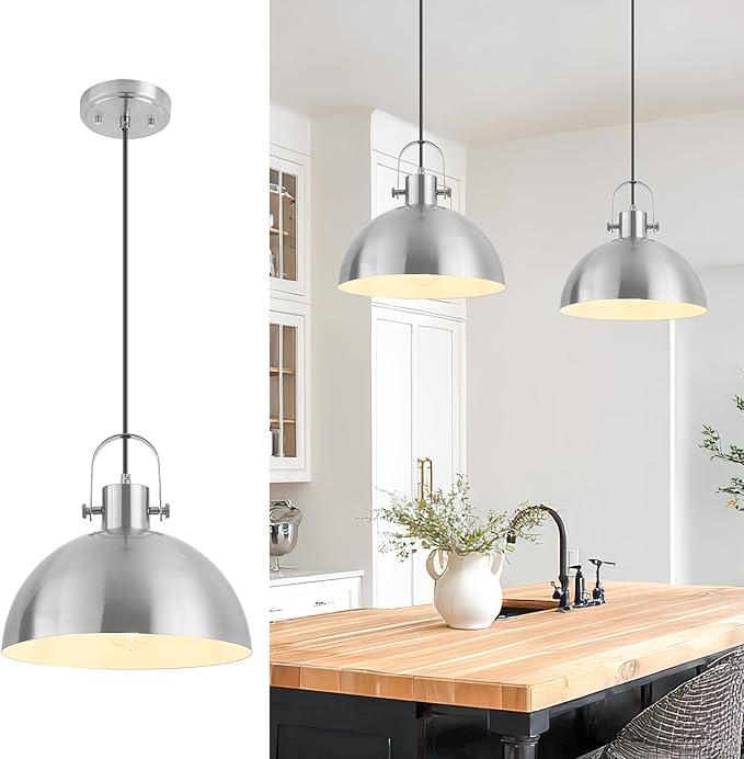 12 Inch Farmhouse Pendant Lights, Brushed Nickel Pendant Lighting for Kitchen Island, lndustrial Adjustable Height Hanging Light for Barn, Dining Room, 1 Pack