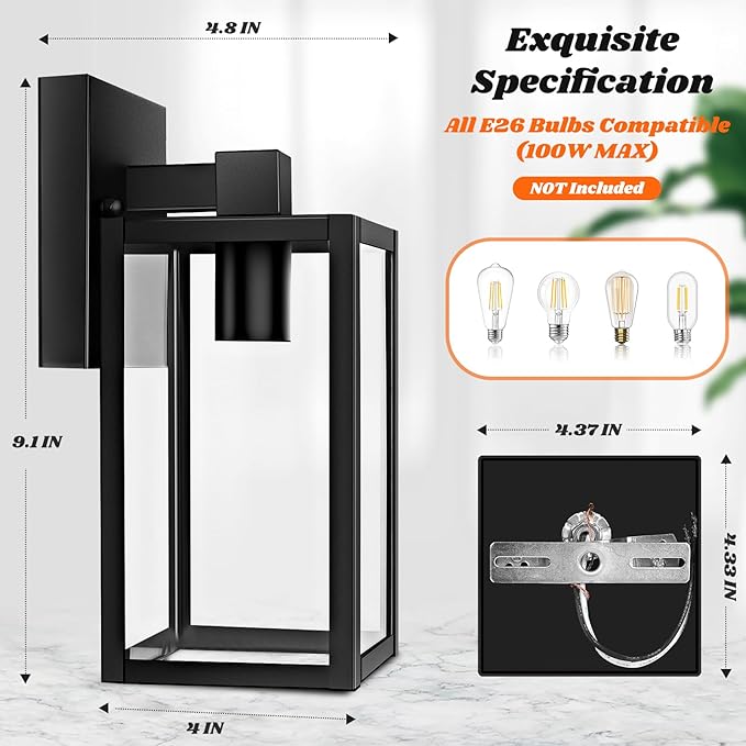 Brightever 2-Pack Outdoor Wall Lantern, Exterior Waterproof Wall Sconce Light Fixtures, Black Outside Wall Lights with Clear Glass for House, Porch, Front Door, Garage, Patio, Bulbs Not Included