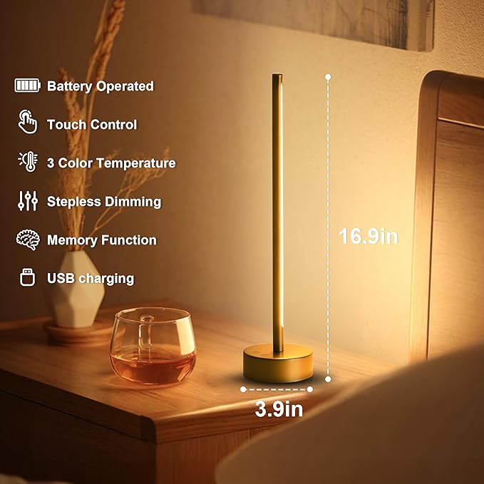 KARTOOSH Cordless LED Table Lamp Set of Two, Battery Operated Portable Desk Lamp,Dimmable/3 Color/Memory Function,Modern Rechargeable Table Light for Living Room,Bedroom,Bedside,Gold, 2 Pack