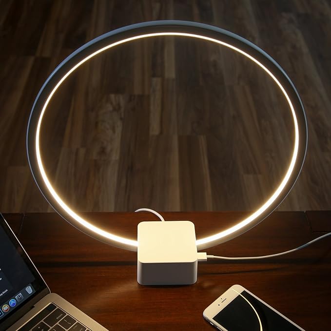 Brightech Circle LED Nightstand Lamp with USB Port – Compact Bed Stand Lamp for Bedroom, Living Room - Modern Asian Table & Desk Lamp on Side & End Tables - White