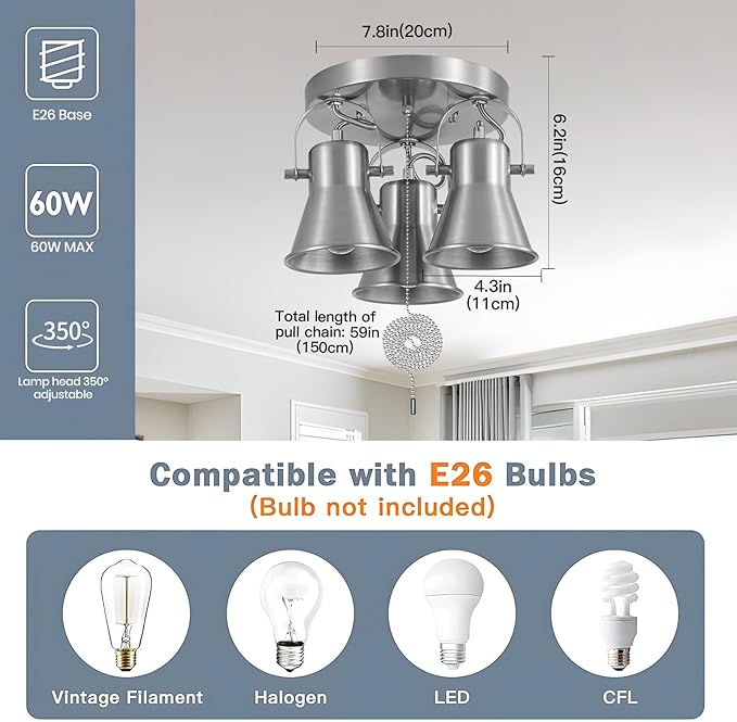 SEEBLEN 3-Light Ceiling Lights with Pull Chain, Adjustable Round Kitchen Ceiling Light, Morden Nickel Flush Mount Directional Track Light for Kitchen, Hallway, Dining Room, Bathroom, Coffee Bar