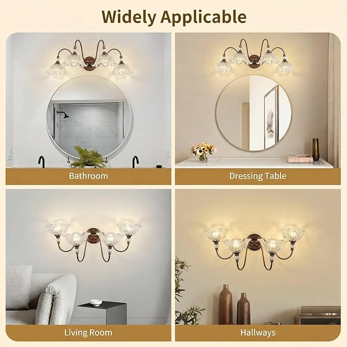 Antique Red Bronze Finish Bathroom Vanity Light, 4-Light Vintage Vanity Light with Floral Clear Glass Shades, Retro Wall Mount Lighting for Bathroom, Dressing Table