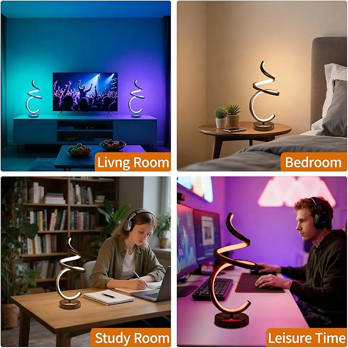 RGB Spiral LED Table Lamp, Dimmable Creative Bedside Lamp, Modern Color Changing Nightstand Light for Bedroom, Gaming Room & Home Decor