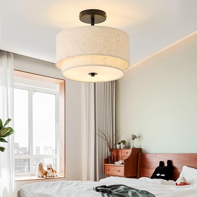 12.6" Flush Mount Ceiling Light Fixture, Black 3-Light Modern Ceiling Light with Fabric Shade in Double Drum-Shape for Bedroom Nursery Living Room Kitchen Island(2-Tier Black)