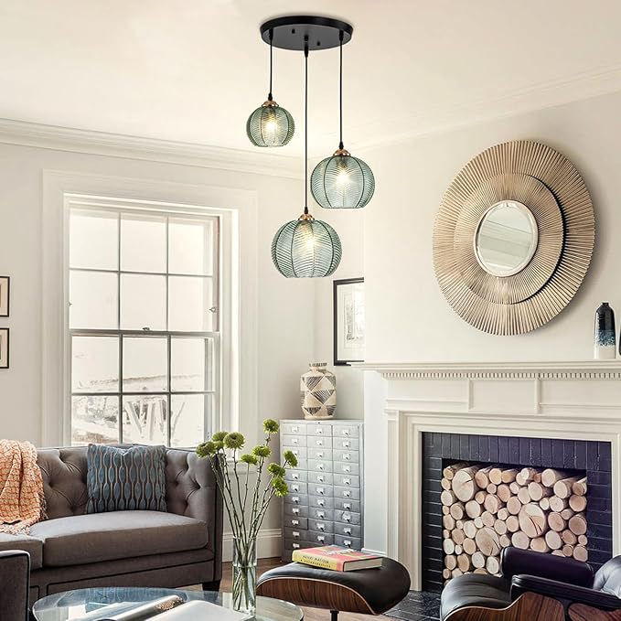 Modern 3-Light Pendant Lighting Hand-Blown Green Glass Chandelier, Hanging Ceiling Light with Glass Shade, Farmhouse Kitchen Island Pendant Light for Dining Room Bedroom Living Room
