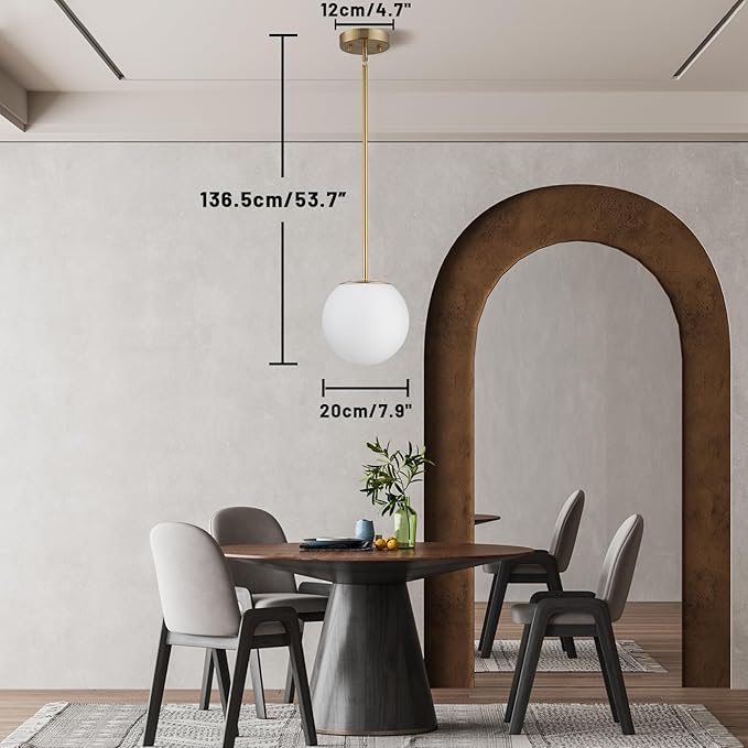 Mid Century Modern Pendant Light – 1-Light Gold Globe with White Glass Shade, Brushed Brass Finish, Adjustable Height for Sloped Ceilings, Hanging Light for Kitchen Island