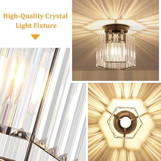 TOULMJ 2 Pack Crystal Semi Flush Mount Ceiling Light, Hallway Light Fixture Modern Black Kitchen Lighting Fixtures Close to Ceiling Lights for Bathroom Entryway Bedroom Foyer Laundry Room