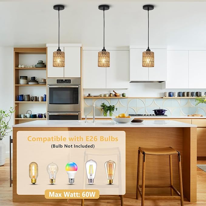 LAMSU 3 Pack Rattan Pendant Lights Kitchen Island, Farmhouse Pendant Lighting with Hand Woven Wicker Shade, Boho Chandelier Light Fixtures Ceiling Hanging for Dining Room Bedroom Foyer Hallway