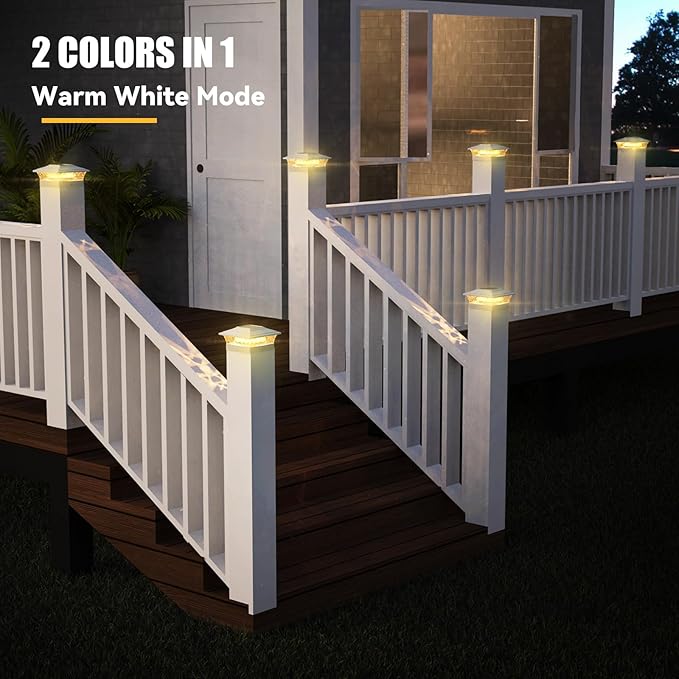 APONUO Solar Post Lights Outdoor, 2 Lighting Modes 16 LEDs Solar Post Cap Lights for 4x4 5x5 6x6 Vinyl Wooden Posts Waterproof Fence Post Lights Solar Powered for Deck/Fence/Porch (White,6 Pack)