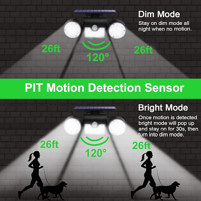 Solar Lights Outdoor, Motion Sensor Security Lights Solar Wall Lights with Dual Head Spotlights LED Waterproof 360° Adjustable Solar Motion Lights Outdoor for Garden Garage Patio, 1 Pack
