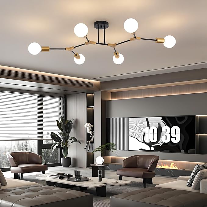 Black and Gold Semi Flush Mount Ceiling Lighting Fixture, 6 Lights Sputnik Chandelier for Living Room, Modern LED Ceiling Light Fixture for Dining Room, Bedroom, Kitchen