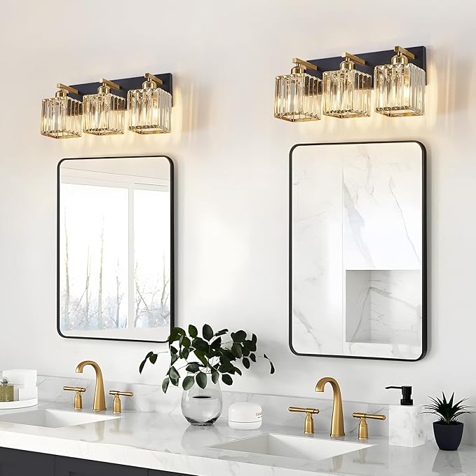 Modern Crystal Bathroom Lights Fixtures Black Gold 3-Lights Bathroom Vanity Lights Over Mirror Brass Vanity Lighting Fixtures Crystal Wall Lighting with Polished Gold Finish