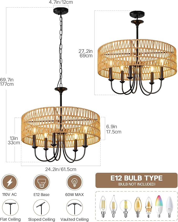 24 Inch Farmhouse Rattan Chandelier, Hand-Woven Boho Pendant Light Fixture with Black Metal Frame, Rustic Hanging Ceiling Lighting for Dining Room, Kitchen Island, Living Room, Bedroom