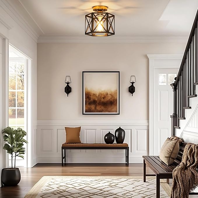 Modern Farmhouse Semi Flush Mount Ceiling Light,Industrial Black and Gold Ceiling Lighting Fixture,Hexagonal Close to Ceiling Lights for Kitchen, Hallway, Entryway, Bedroom,Foyer,9.5 Inch